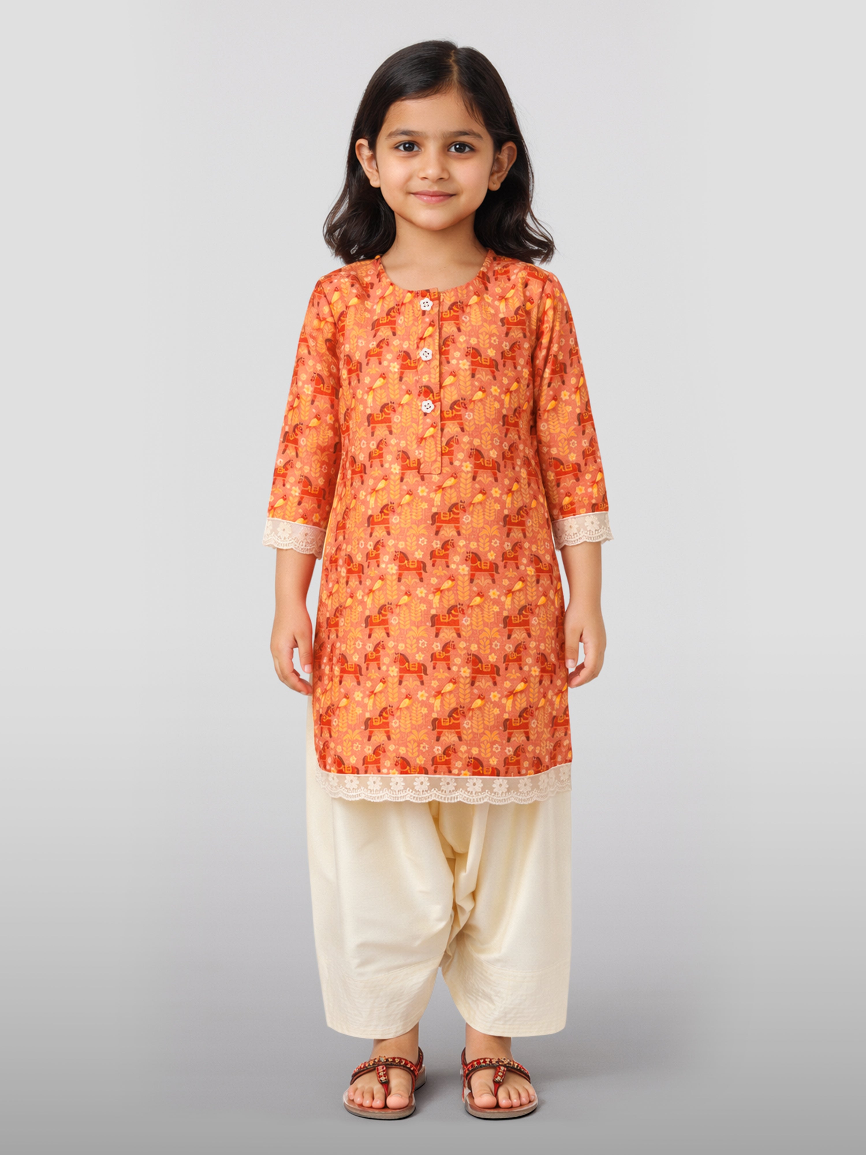 Girls' Peach Cotton Animal Print Kurta with Pakistani Salwar Set - Three Quarter Sleeves Festive Ethnic Wear