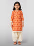 Girls' Peach Cotton Animal Print Kurta with Pakistani Salwar Set - Three Quarter Sleeves Festive Ethnic Wear
