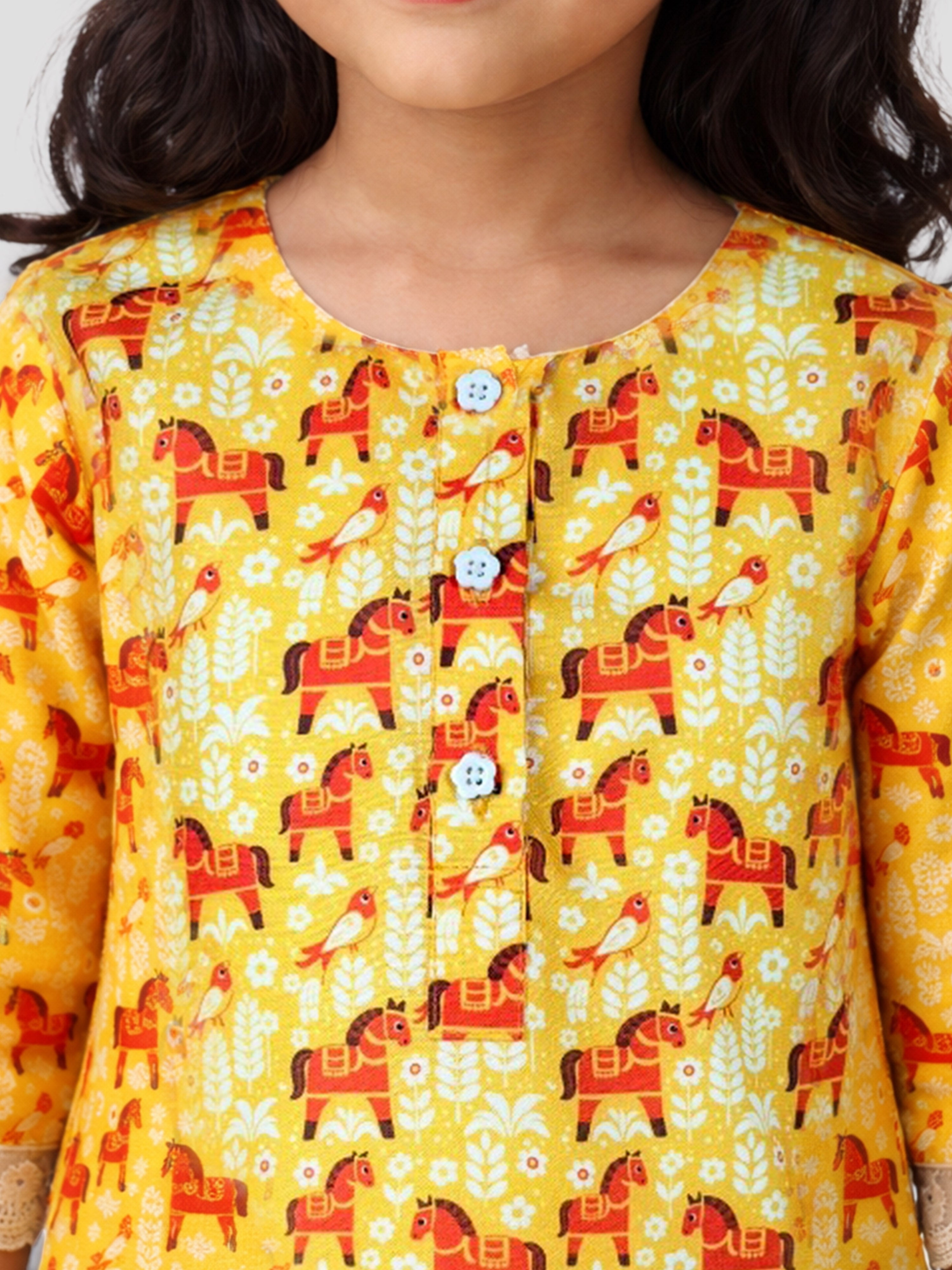 Girls' Yellow Cotton Animal Print Kurta with Pakistani Salwar Set - Three Quarter Sleeves Festive Ethnic Wear