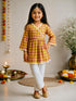 Girls Olive Yellow Cotton Geometric Print Angrakha Kurta