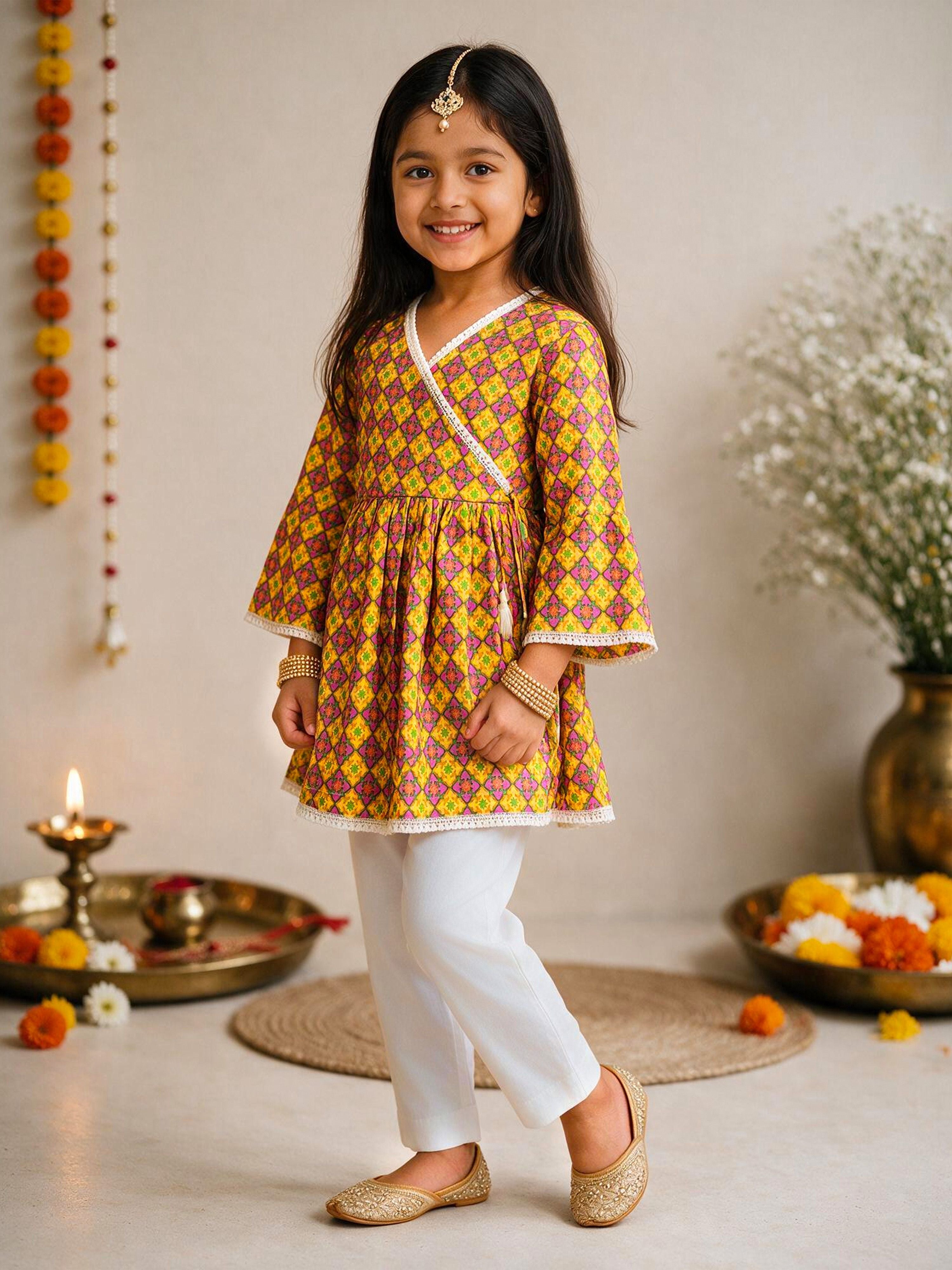 Girls Mustard Cotton Geometric Print Thigh Length Kurta