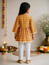 Girls Mustard Cotton Geometric Print Thigh Length Kurta