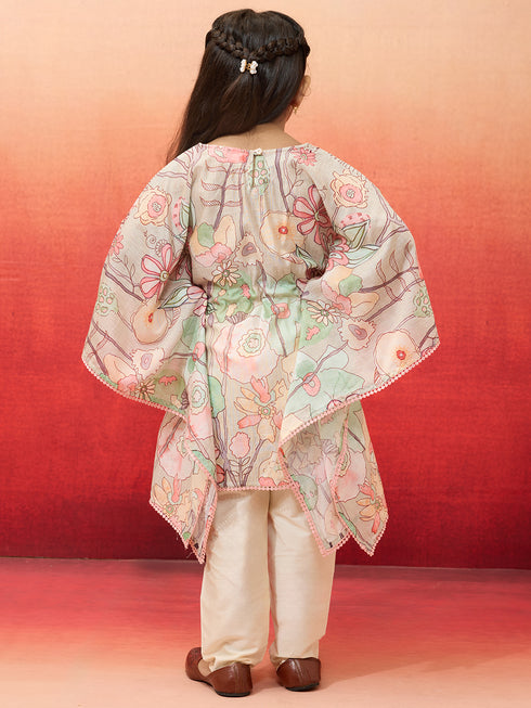 Vastramay Girls' Beige Cotton Kurta with Pyjama Set