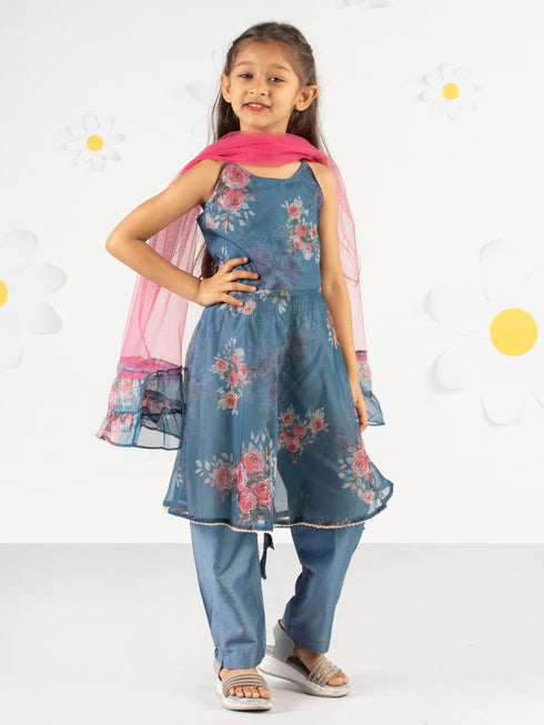 Girl's' Grey Floral Printed Anarkali And Pyjama With Ruffled Dupatta Set