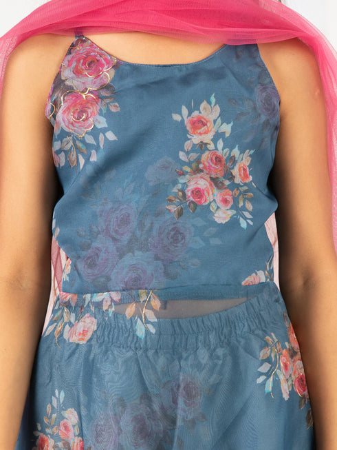 Girl's' Grey Floral Printed Anarkali And Pyjama With Ruffled Dupatta Set