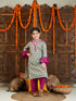 Girl's' Green And Pink Kurta Pant And Dupatta Set