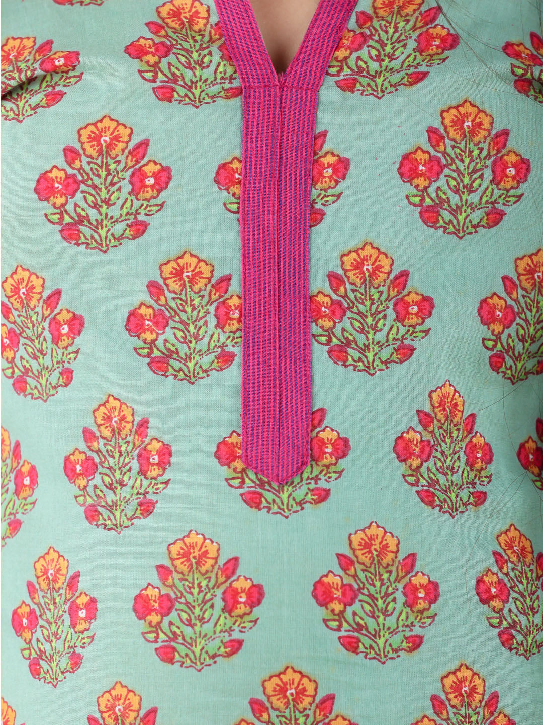 Girl's' Green And Pink Kurta Pant And Dupatta Set