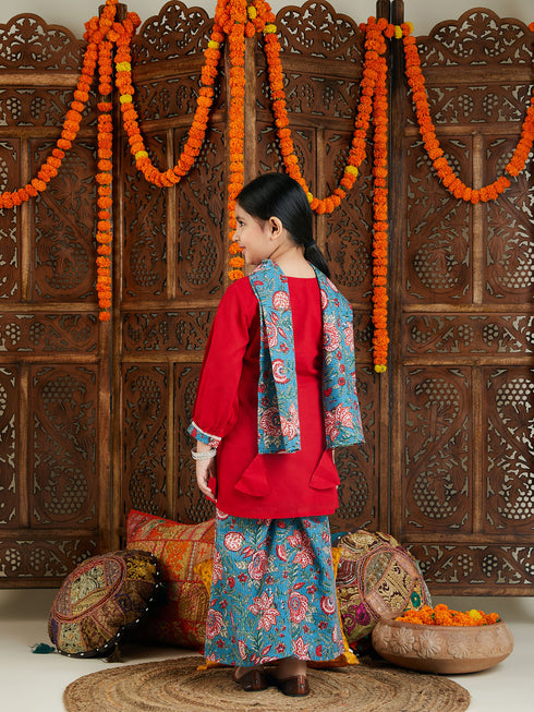 Girl's Red Kurta And Palazzo Pant Dupatta Set