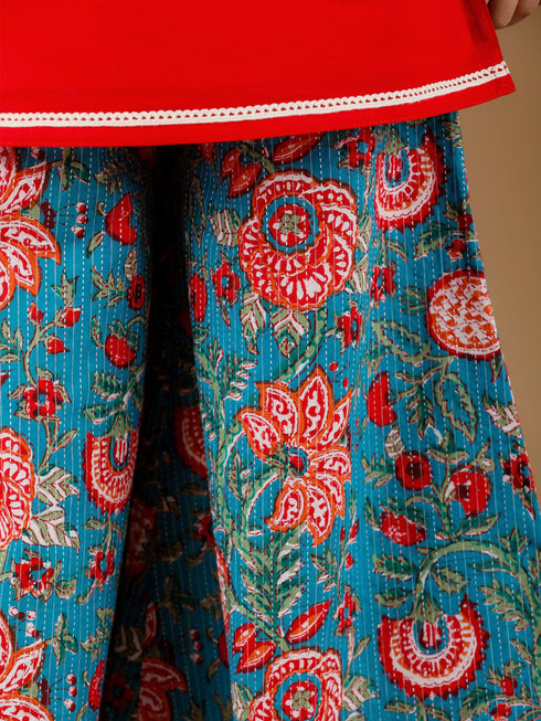 Girl's Red Kurta And Palazzo Pant Dupatta Set