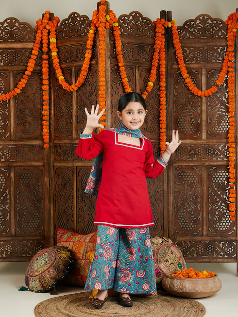 Girl's Red Kurta And Palazzo Pant Dupatta Set