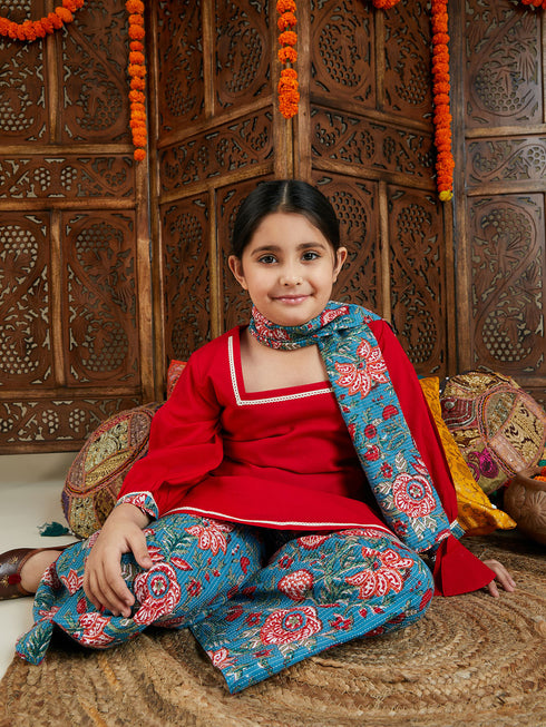 Girl's Red Kurta And Palazzo Pant Dupatta Set