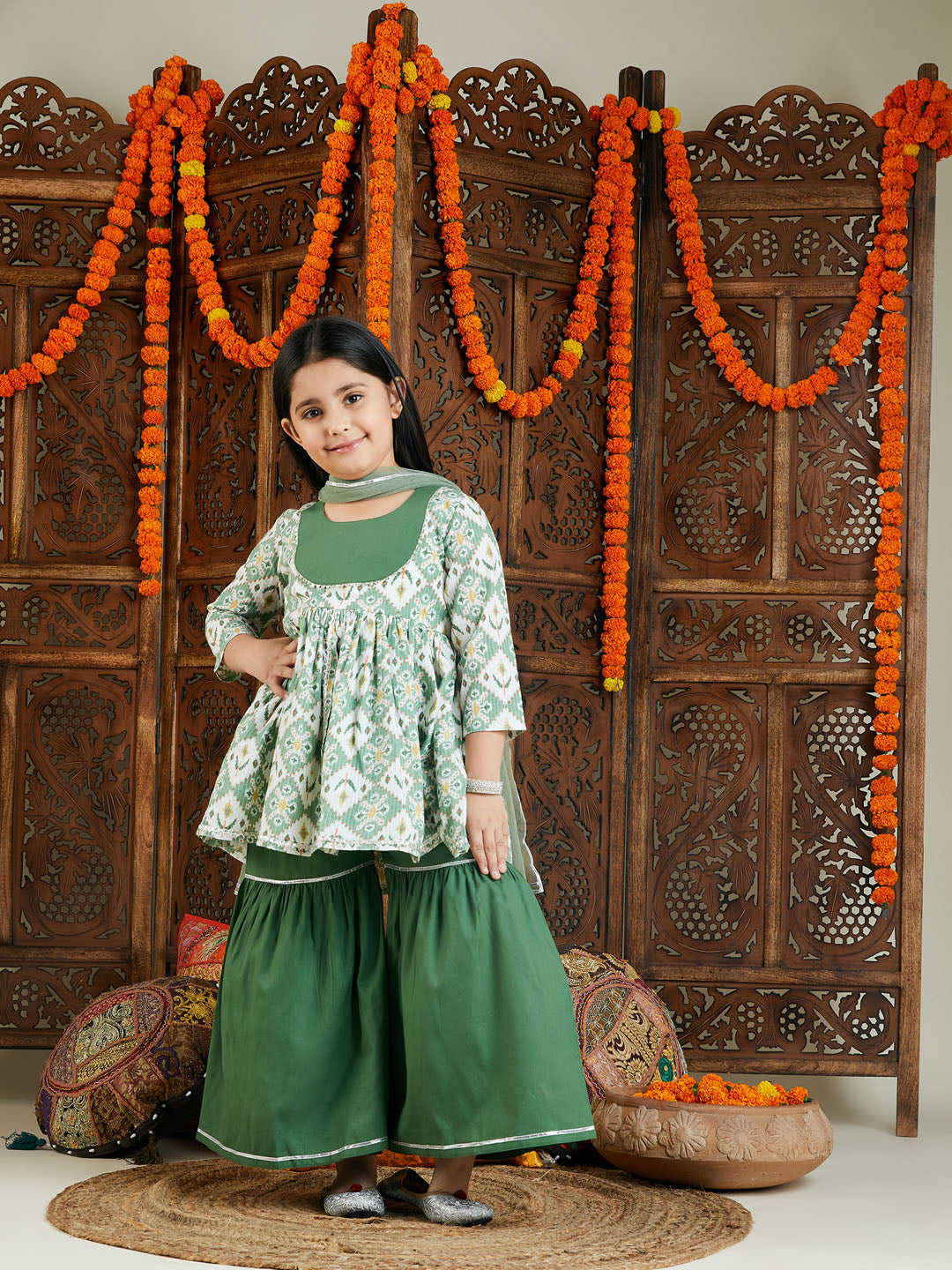 Girl's Green Ikkat Print Sarara Set