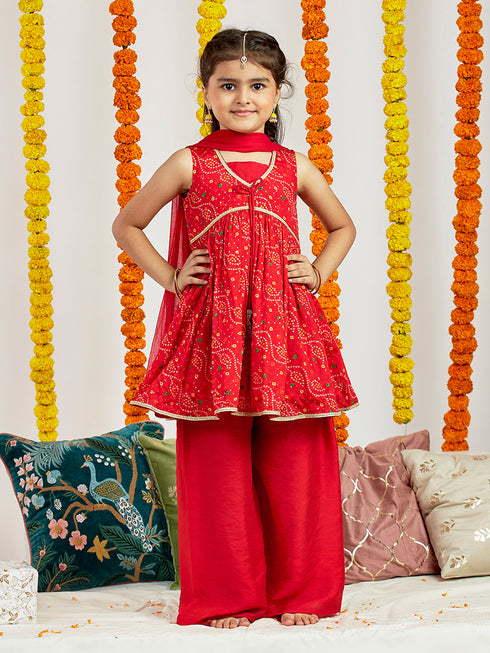 Girl's' Red Kurta Palazzo Set