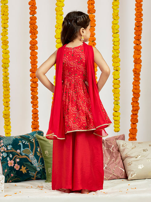 Girl's' Red Kurta Palazzo Set