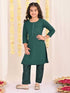 Girl's' Green Embellished Kurta Pyjama Set
