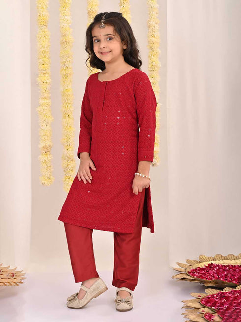 Girl's' Maroon Embellished Kurta Pyjama Set