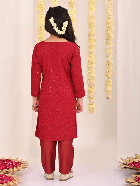 Girl's' Maroon Embellished Kurta Pyjama Set