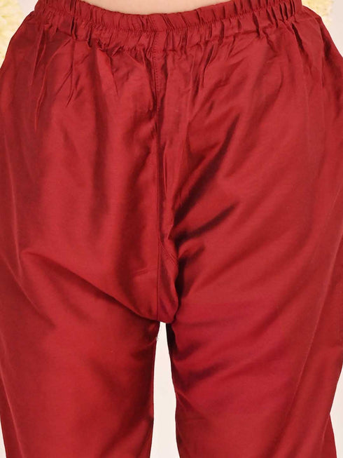 Girl's' Maroon Embellished Kurta Pyjama Set