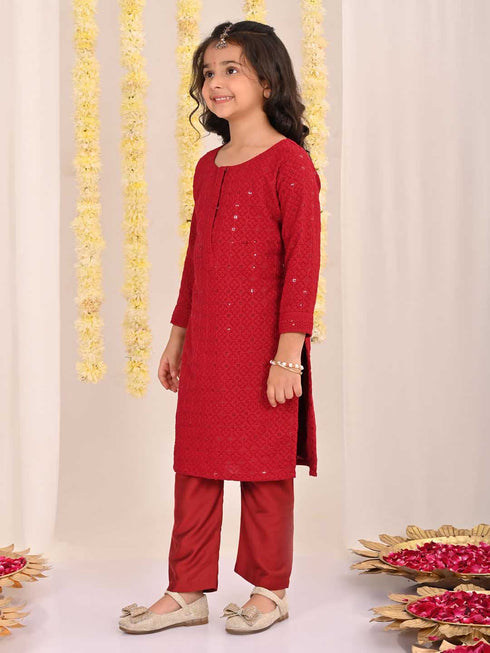 Girl's' Maroon Embellished Kurta Pyjama Set