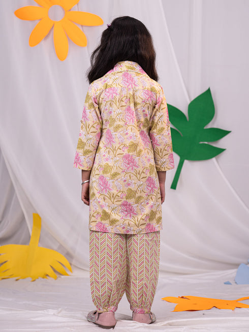 Girl's' Yellow Printed Kurta Patiala Set