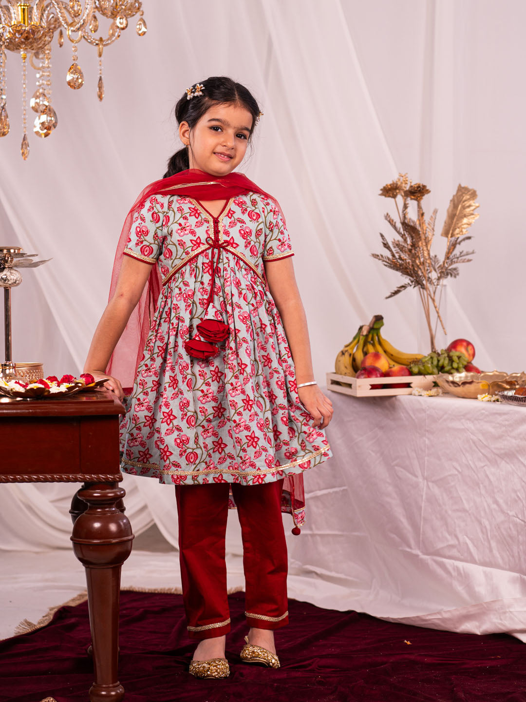 Girl's' Aqua And Red Kurta And Pant Set