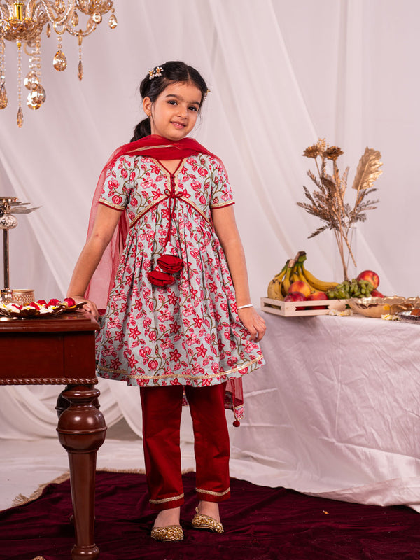 Girl's' Aqua And Red Kurta And Pant Set