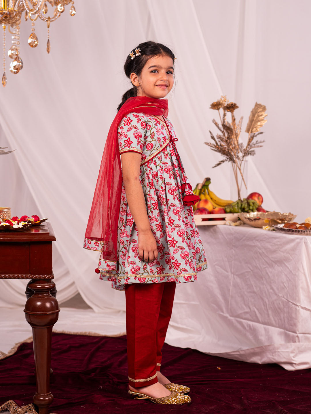 Girl's' Aqua And Red Kurta And Pant Set