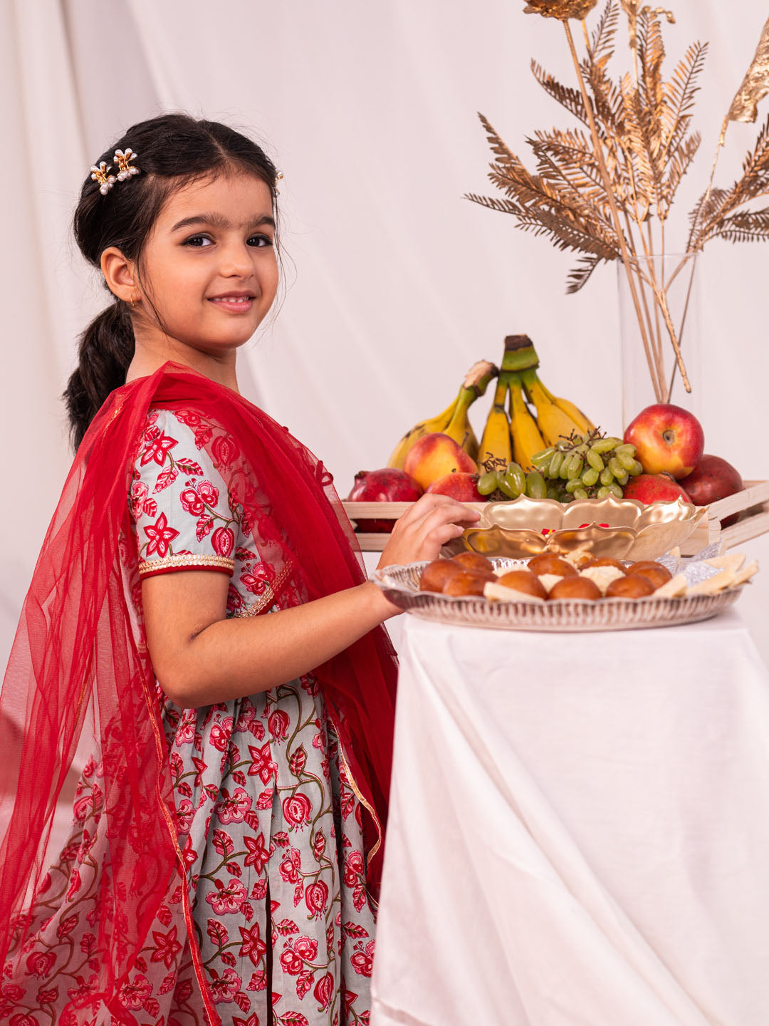 Girl's' Aqua And Red Kurta And Pant Set