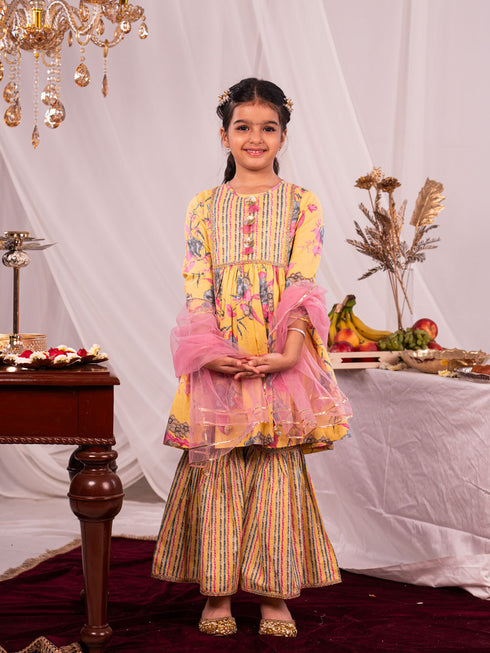 Girl's' Yellow Kurta And Sharara Set