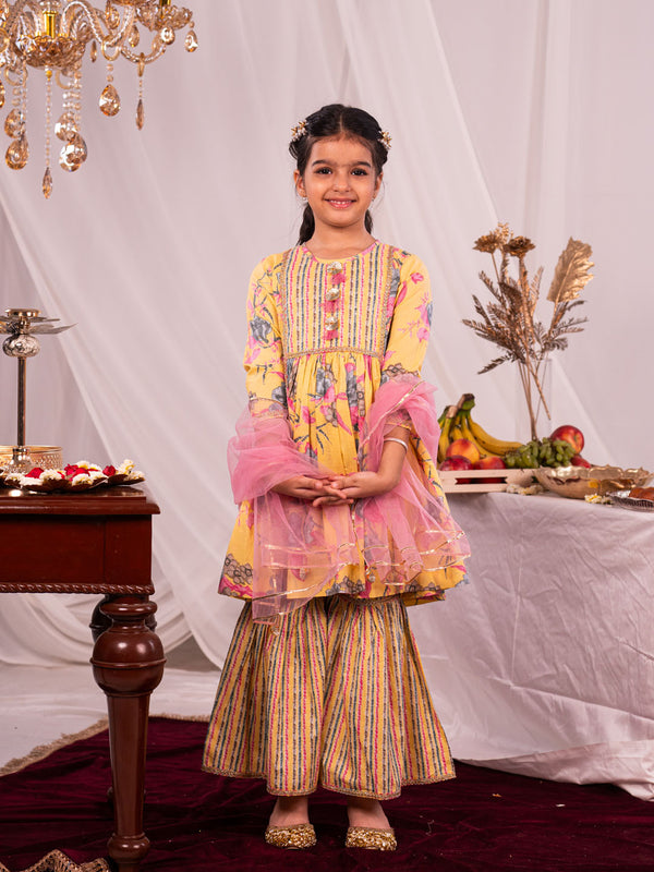 Girl's' Yellow Kurta And Sharara Set