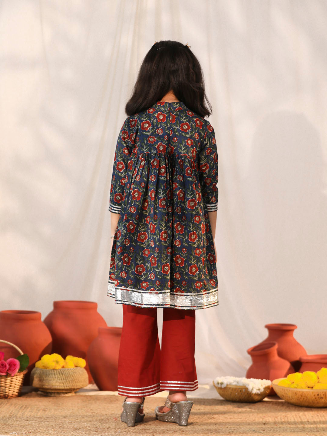 Girl's' Navy Blue And Rust Kurta Palazzo Set