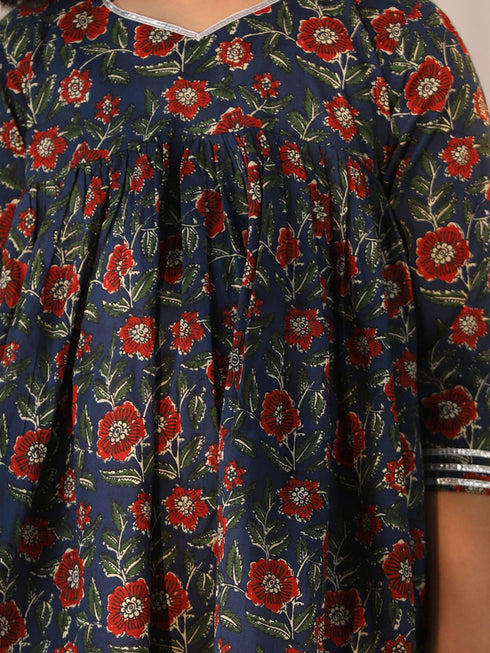 Girl's' Navy Blue And Rust Kurta Palazzo Set