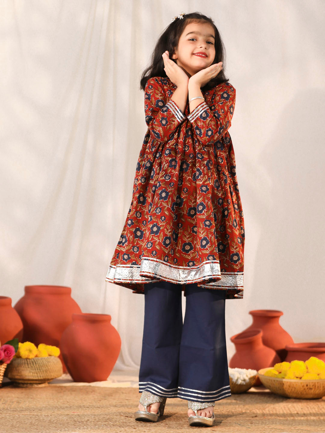 Girl's' Rust And Navy Blue Flared Kurta Palazzo Set
