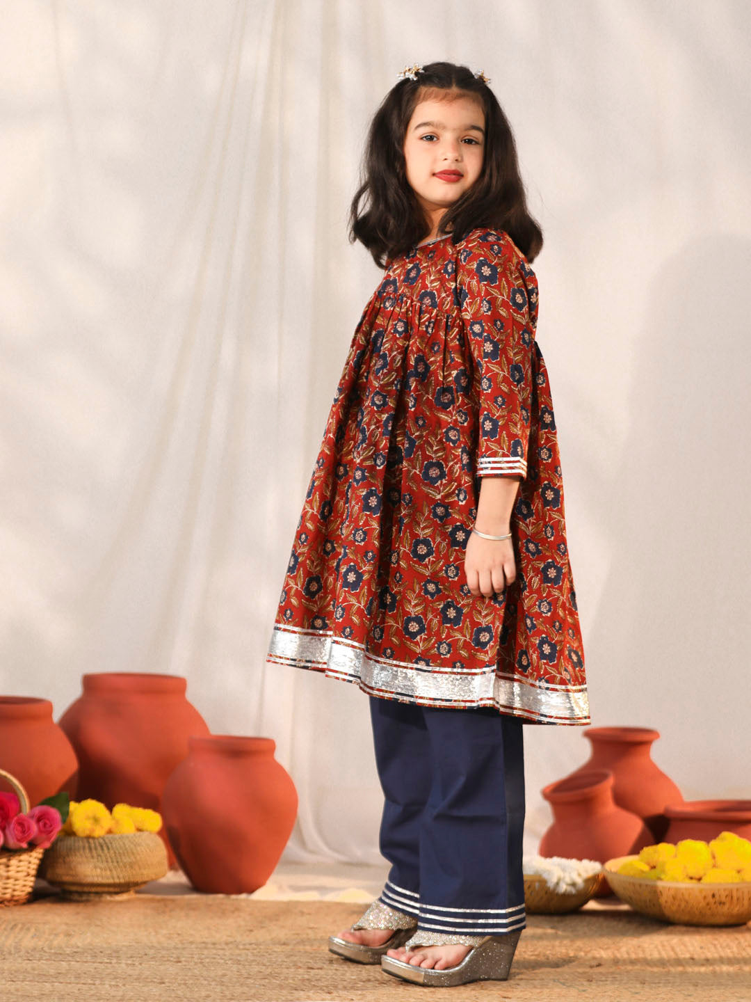 Girl's' Rust And Navy Blue Flared Kurta Palazzo Set