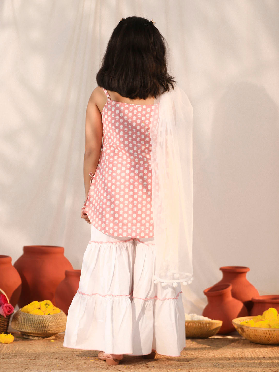 Girl's' Pink And White Kurta, Sharara And Dupatta Set