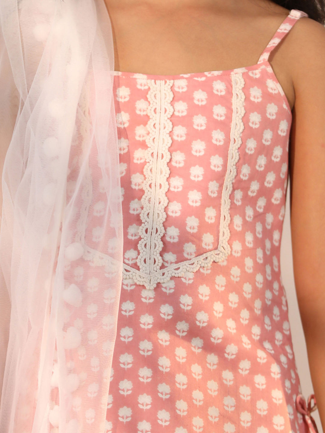 Girl's' Pink And White Kurta, Sharara And Dupatta Set