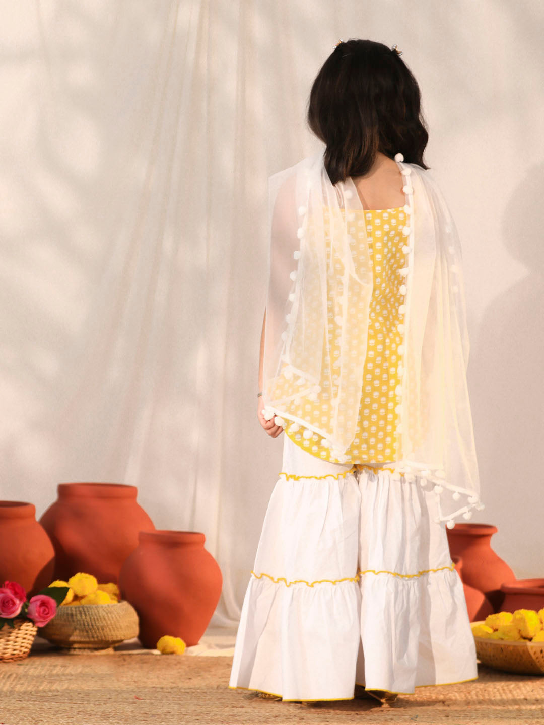 Girl's' Yellow And White Kurta, Sharara And Dupatta Set