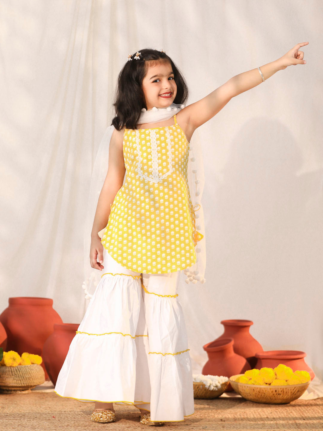 Girl's' Yellow And White Kurta, Sharara And Dupatta Set