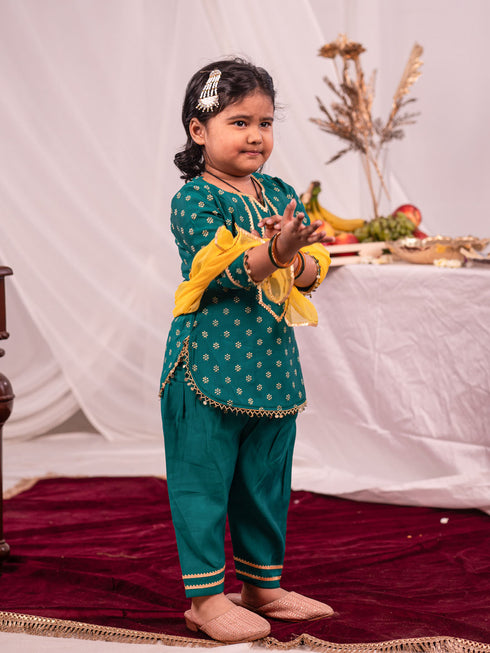 Girl's Green Kurta Salwar And Dupatta Set