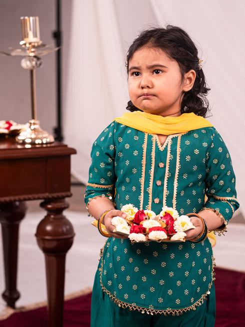 Girl's Green Kurta Salwar And Dupatta Set