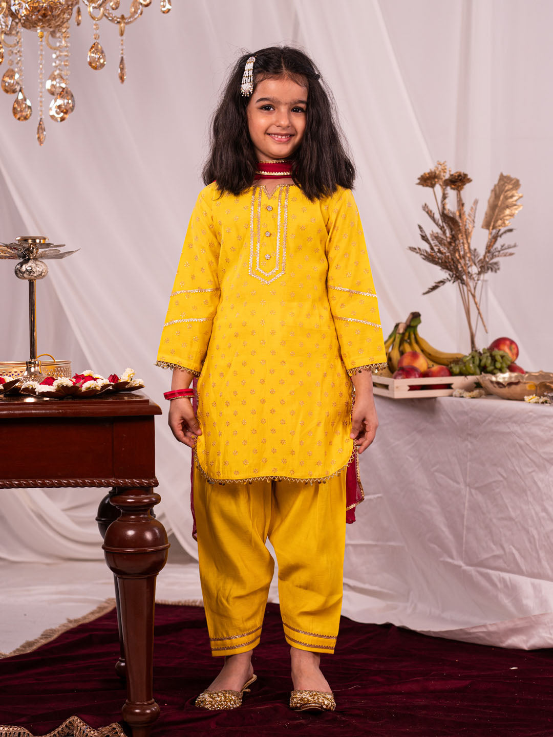 Girl's Yellow Kurta Salwar And Dupatta Set