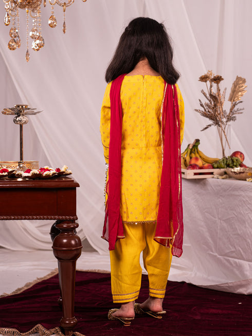 Girl's Yellow Kurta Salwar And Dupatta Set