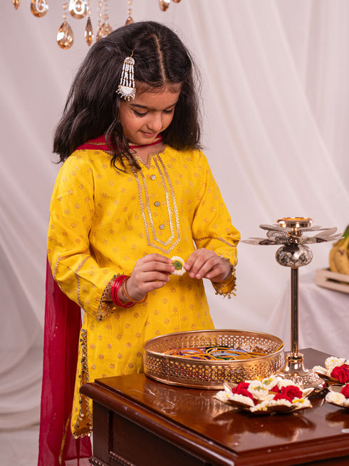 Girl's Yellow Kurta Salwar And Dupatta Set