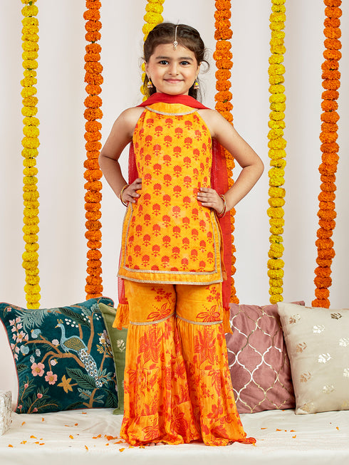 Girl's' Yellow Kurta Sharara And Dupatta Set