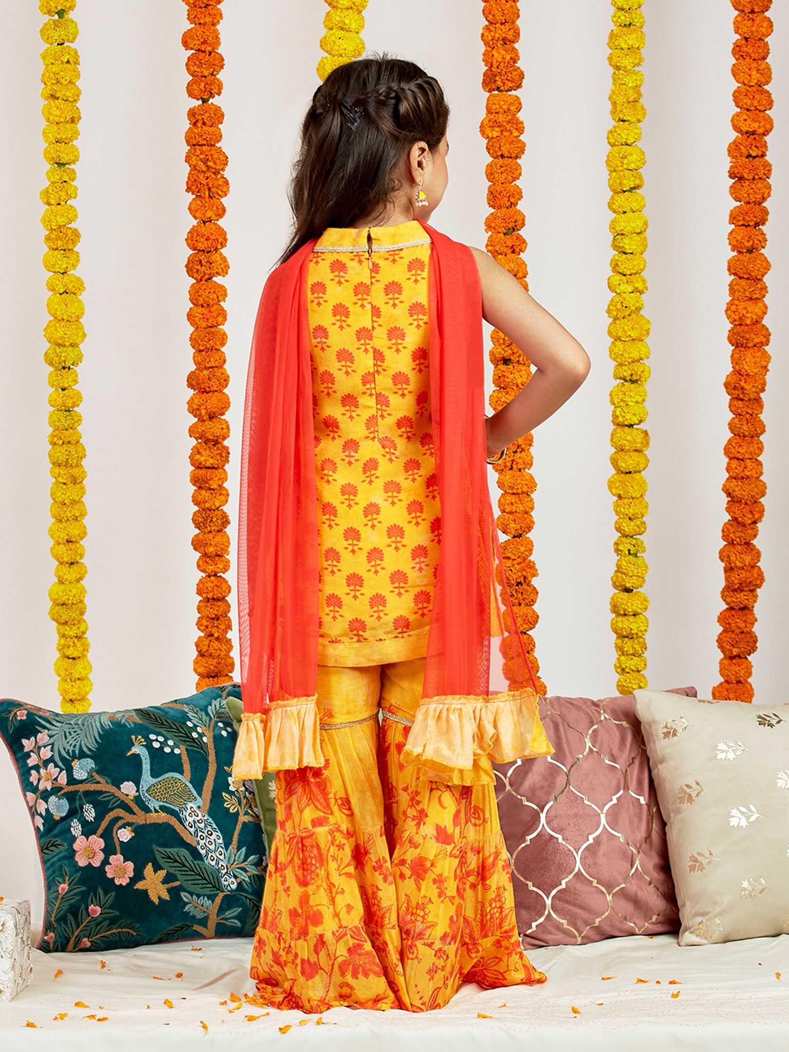 Girl's' Yellow Kurta Sharara And Dupatta Set