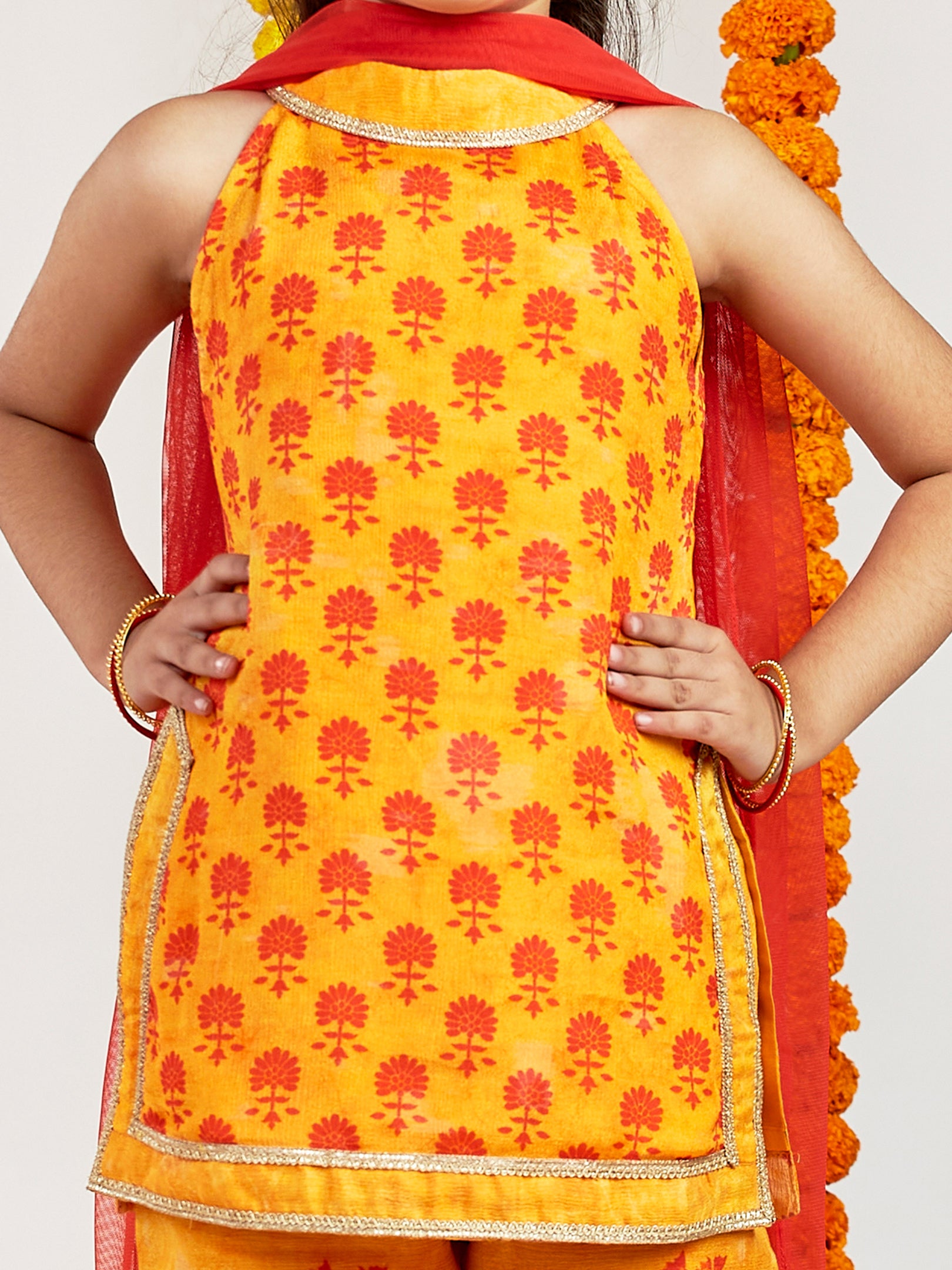 Girl's' Yellow Kurta Sharara And Dupatta Set