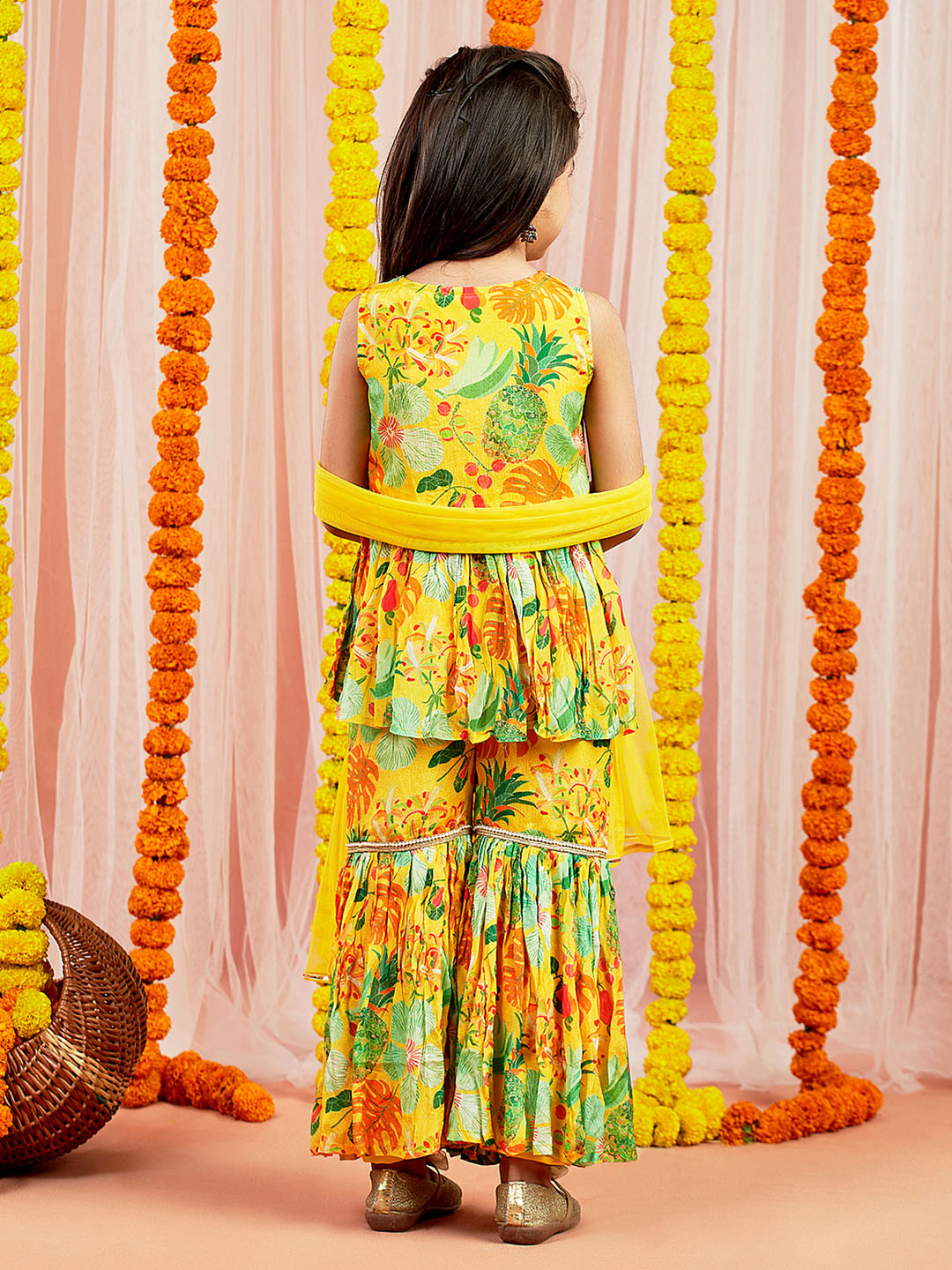 Girl's' Yellow Kurta Sharara And Dupatta Set