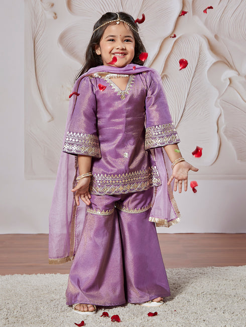 Girl's' Lavender Kurta Sharara And Dupatta Set