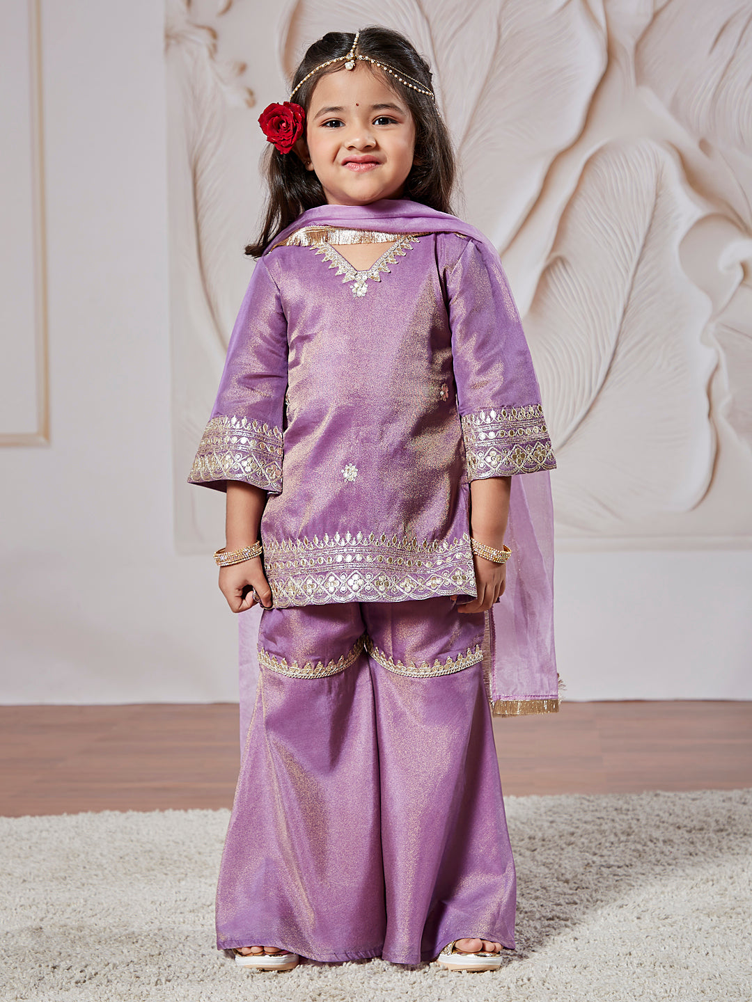 Girl's' Lavender Kurta Sharara And Dupatta Set
