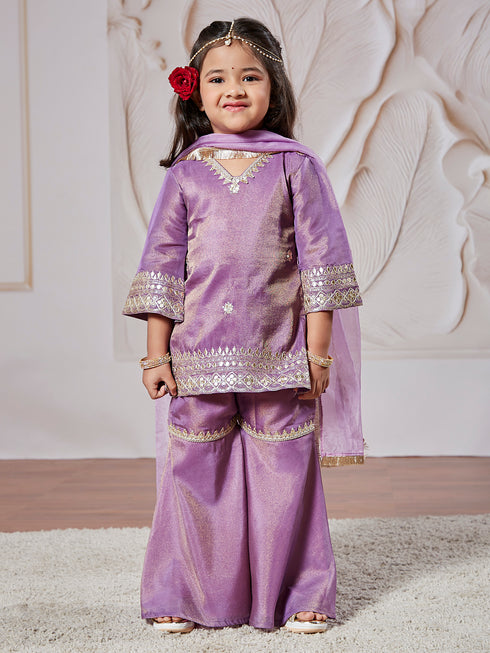 Girl's' Lavender Kurta Sharara And Dupatta Set